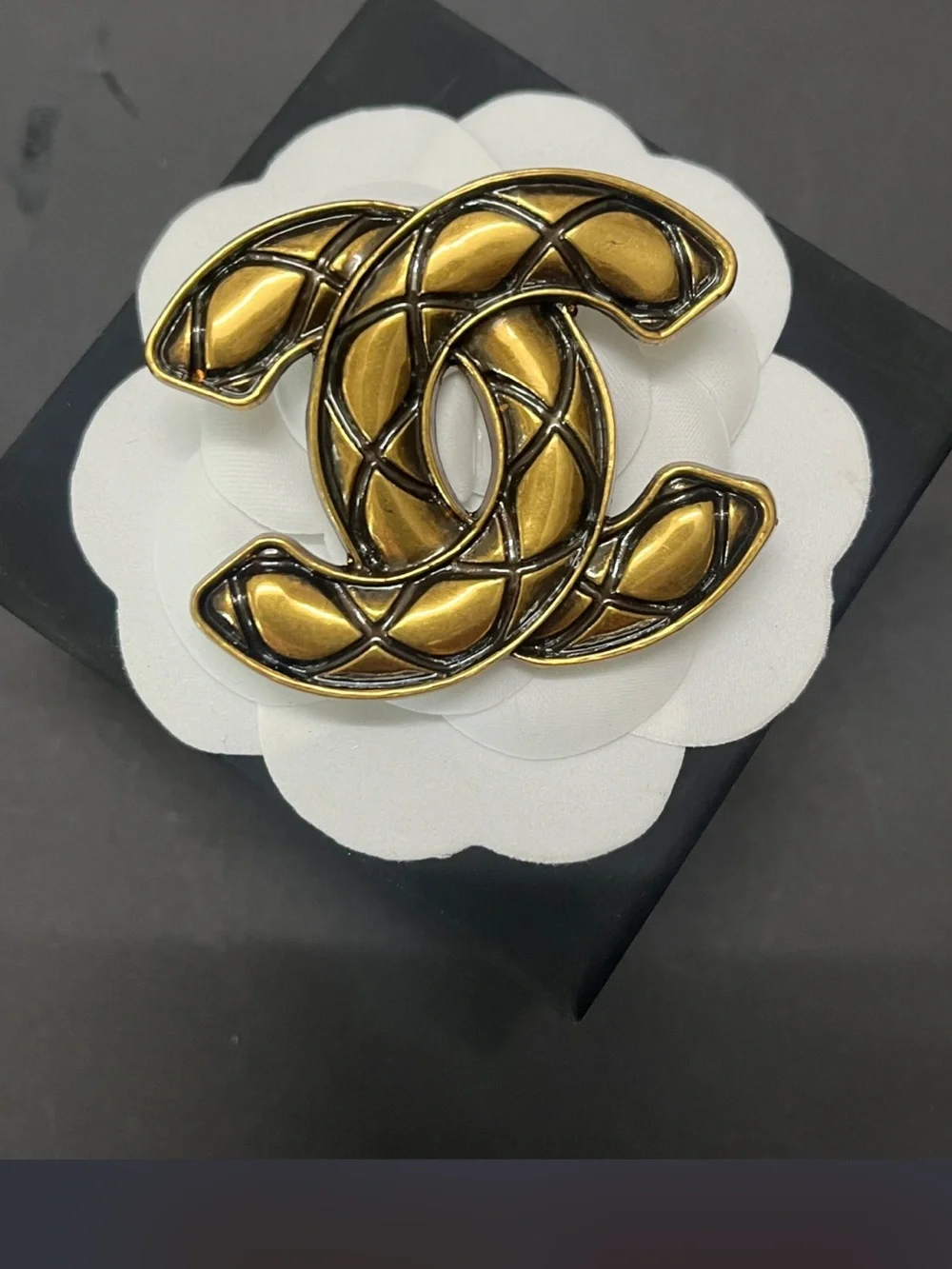 Double C Designer Large Quilted Look Antiqued Brooch